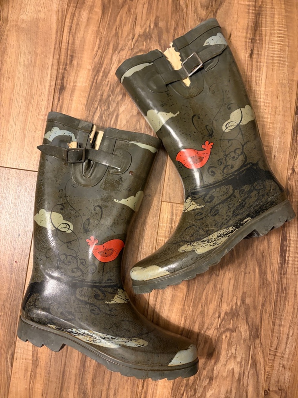 Y2K Olive Green Cloud Print Rain Boots